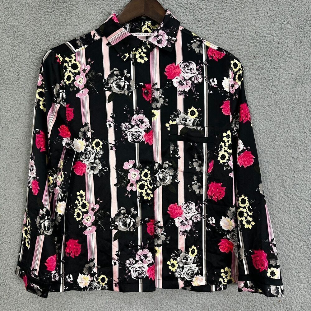 Victorias secret pajama top womens XS short‎ black floral roses satin button up